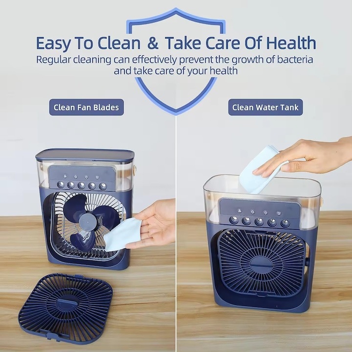 Ventilator portabil, cu rezervor de apa de 600 ml, cu vapori de apa, ventilatie, umidificator, purificator, albastru