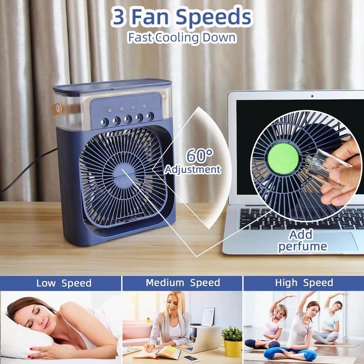Ventilator portabil, cu rezervor de apa de 600 ml, cu vapori de apa, ventilatie, umidificator, purificator, albastru