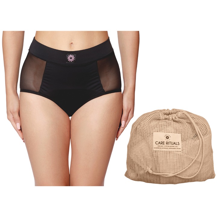 Комплект Femieko, торба за пране на бельо и менструални бикини с висока талия и супер попиваемост Nanna, размер S, за многократна употреба, черен