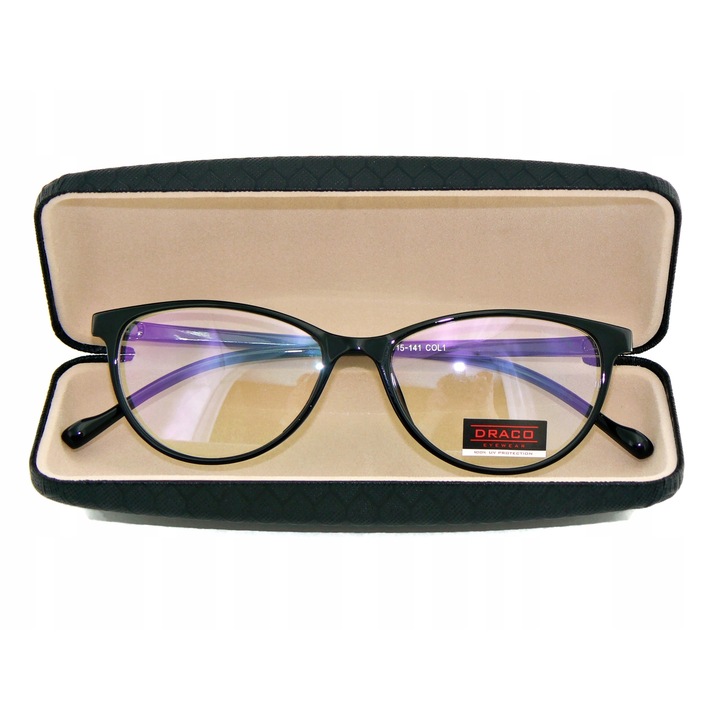 Set etui si ochelari de protectie pentru calculator pentru femei, Draco, policarbonat, filtru lumina albastra, UV-400, negru, 12.4x3.9x13cm,