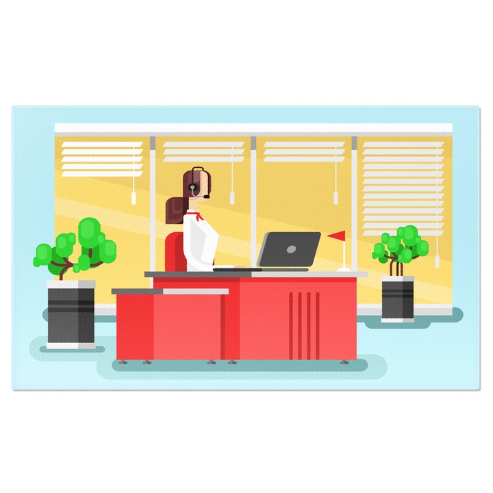 Tablou Canvas Operatoare de Apeluri Telefonice din Holul Companiei in Camasa cu Casti si Esarfa Rosie 40x25CM