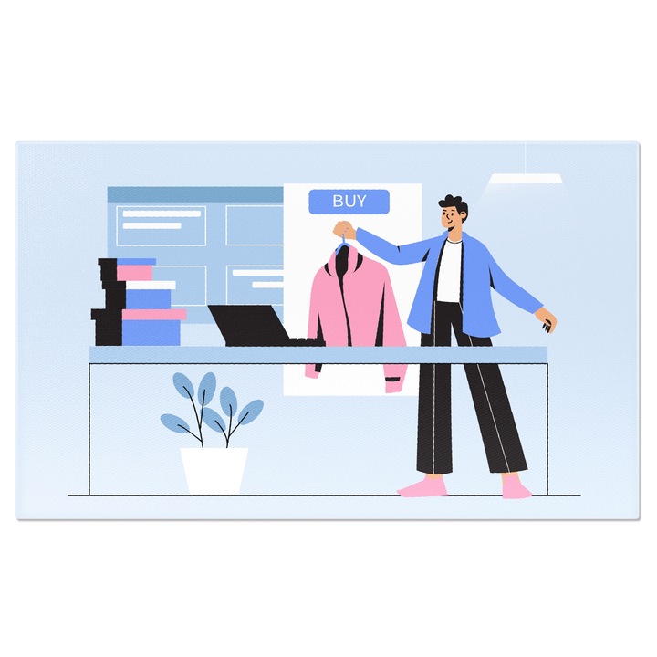 Tablou Canvas Lucrator din Magazinul cu Haine in Albastru Asezand Haina Roz cu Multe Cutii pe Masa 40x25CM