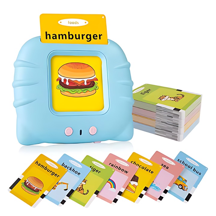 Interaktív és oktató Montessori játék angol szavak tanulásához flash kártyaolvasóval, 224 szóval és 112 képpel, kék, JOZY