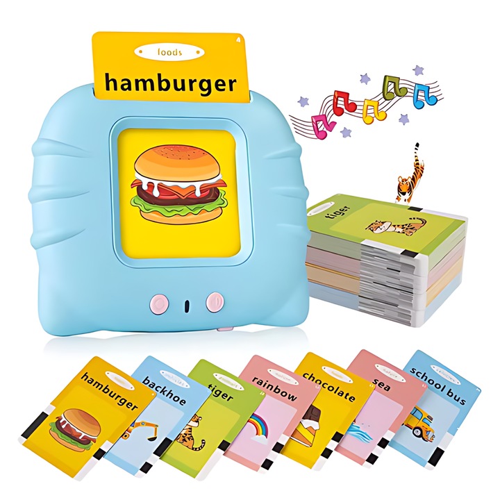 Interaktív és oktató Montessori játék angol szavak tanulásához flash kártyaolvasóval, 224 szóval és 112 képpel, kék, JOZY