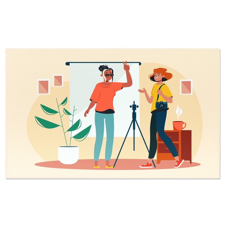 Tablou Canvas Model pentru Poze o Fata cu Suvite si o Femeie Fotograf cu Parul Portocaliu in Tricou Galben 90x60CM