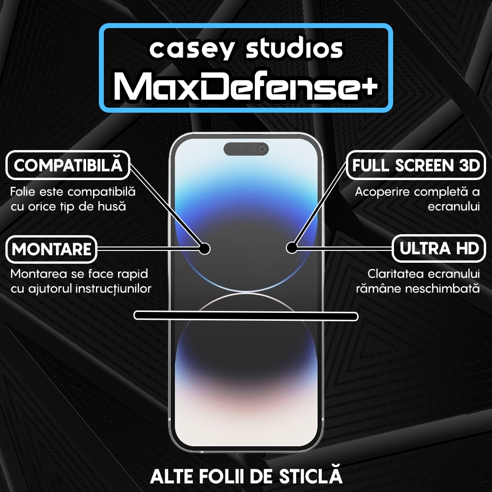 Folie Sticla CASEY STUDIOS™ compatibila cu iPhone 14 Pro, Full Cover 3D, Full Glue, Duritate Militara, Ultra HD, Protectie Profesionala Ecran 3D, Anti Zgarieturi, Anti Socuri, Margini Negre