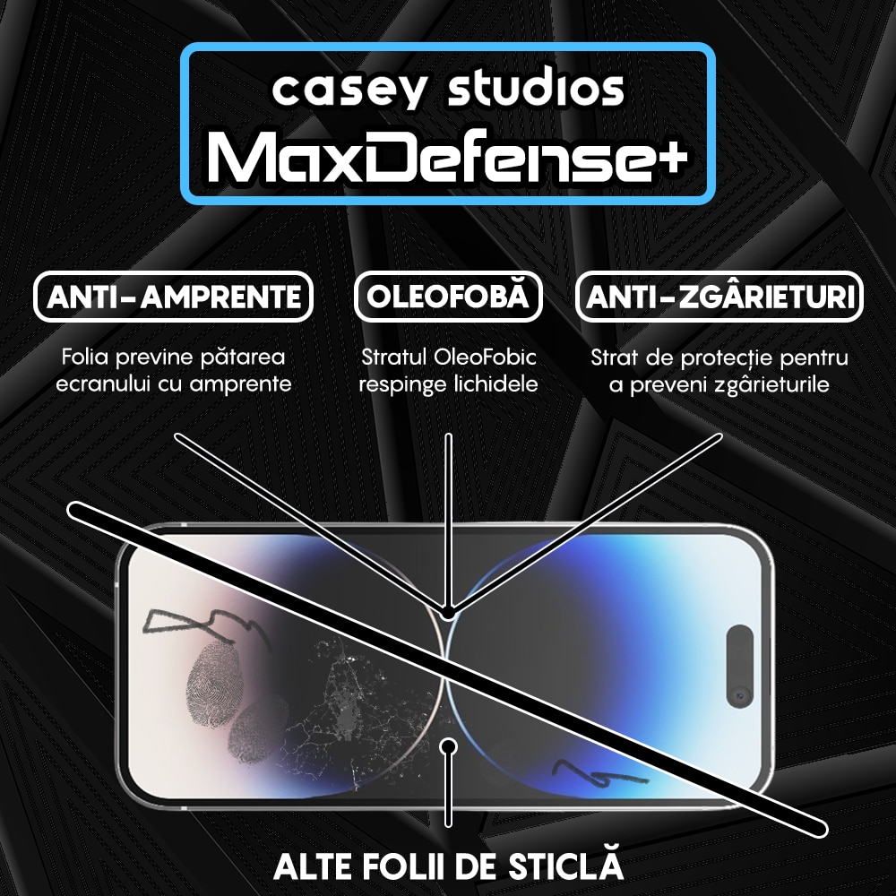 Folie Sticla Privacy CASEY STUDIOS™ compatibila cu iPhone 14 Pro, MaxDefense+ Privacy, Full Cover 3D, Full Glue, Sticla Securizata, Duritate Militara, Ultra HD, Protectie Profesionala Ecran 3D, Anti Zgarieturi, Anti Socuri, Negru