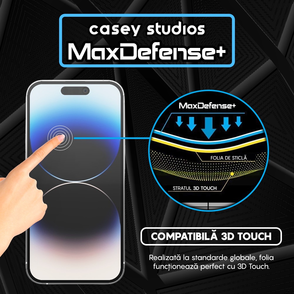 Folie Sticla Privacy CASEY STUDIOS™ compatibila cu iPhone 14 Pro, MaxDefense+ Privacy, Full Cover 3D, Full Glue, Sticla Securizata, Duritate Militara, Ultra HD, Protectie Profesionala Ecran 3D, Anti Zgarieturi, Anti Socuri, Negru
