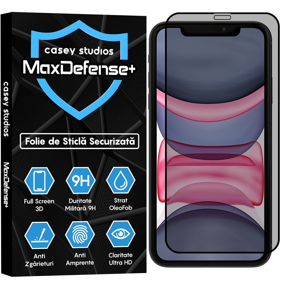 Folie Sticla Privacy CASEY STUDIOS™ compatibila cu iPhone XR / 11, MaxDefense+ Privacy, Full Cover 3D, Full Glue, Sticla Securizata, Duritate Militara, Ultra HD, Protectie Profesionala Ecran 3D, Anti Zgarieturi, Anti Socuri, Negru