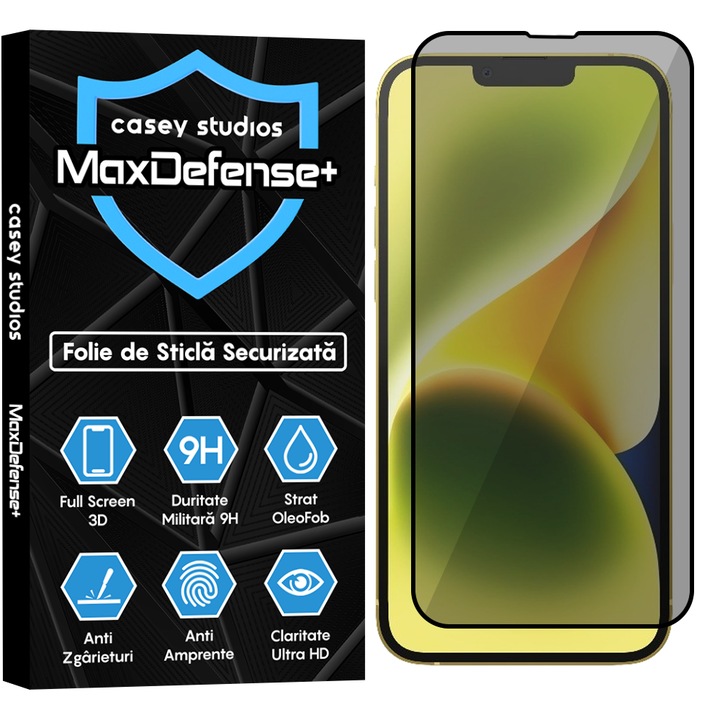 Folie Sticla Privacy CASEY STUDIOS™ compatibila cu iPhone 14 Plus, MaxDefense+ Privacy, Full Cover 3D, Full Glue, Sticla Securizata, Duritate Militara, Ultra HD, Protectie Profesionala Ecran 3D, Anti Zgarieturi, Anti Socuri, Negru