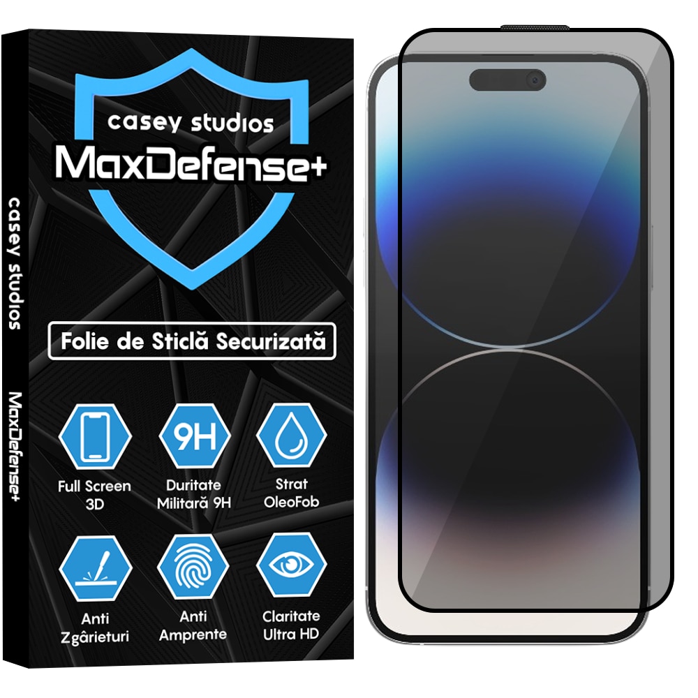 Folie Sticla Privacy CASEY STUDIOS™ compatibila cu iPhone 14 Pro Max, MaxDefense+ Privacy, Full Cover 3D, Full Glue, Sticla Securizata, Duritate Militara, Ultra HD, Protectie Profesionala Ecran 3D, Anti Zgarieturi, Anti Socuri, Negru