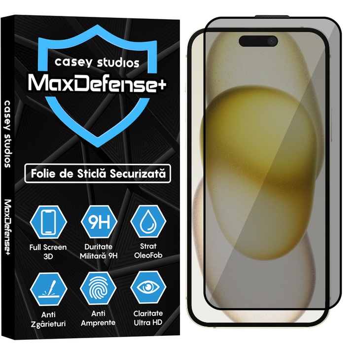 Folie Sticla Privacy CASEY STUDIOS™ compatibila cu iPhone 15 Plus, MaxDefense+ Privacy, Full Cover 3D, Full Glue, Sticla Securizata, Duritate Militara, Ultra HD, Protectie Profesionala Ecran 3D, Anti Zgarieturi, Anti Socuri, Negru