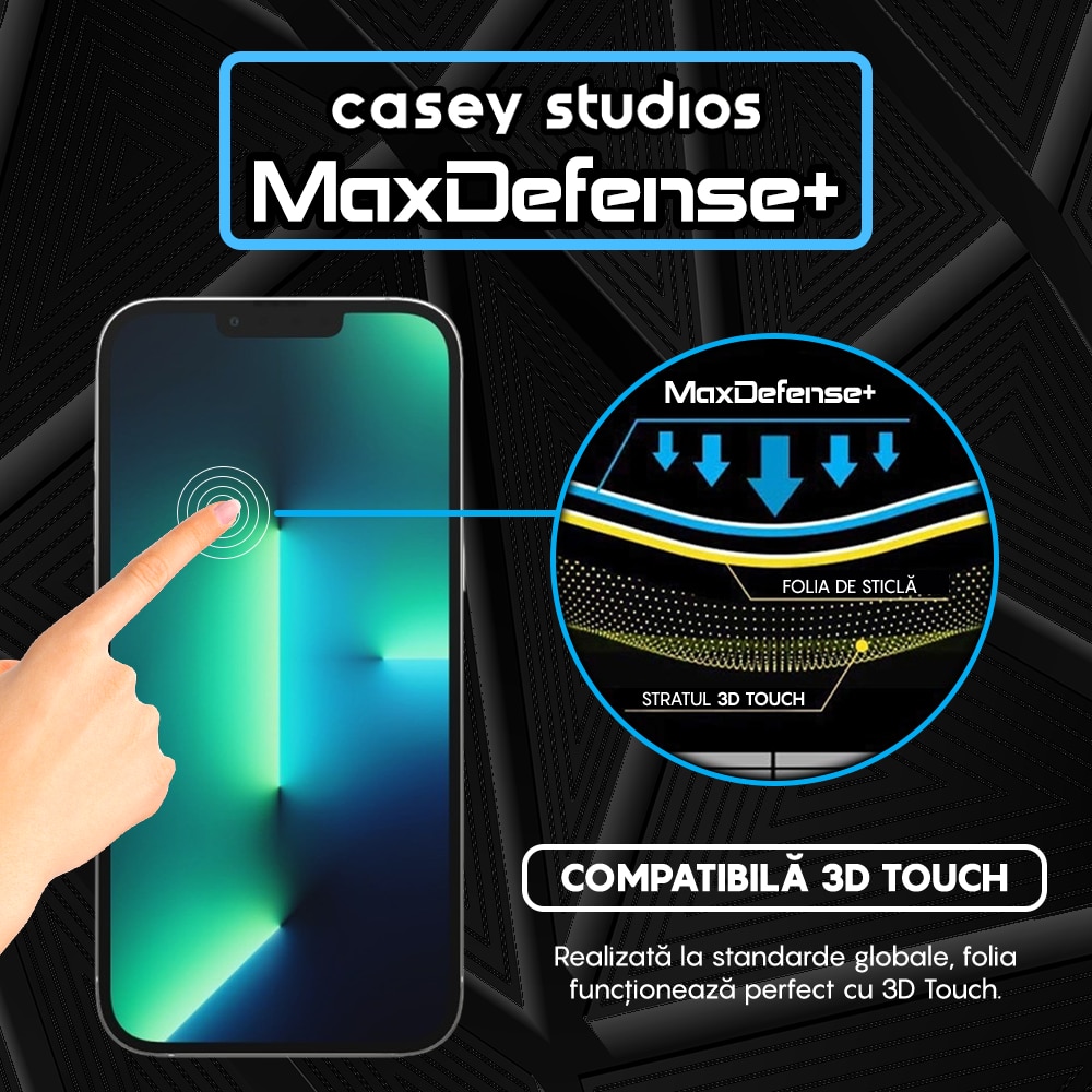 Folie Sticla CASEY STUDIOS™ compatibila cu iPhone 13 Pro Max, Full Cover 3D, Full Glue, Sticla Securizata, Duritate Militara, Ultra HD, Protectie Profesionala Ecran 3D, Anti Zgarieturi, Anti Socuri, Margini Negre