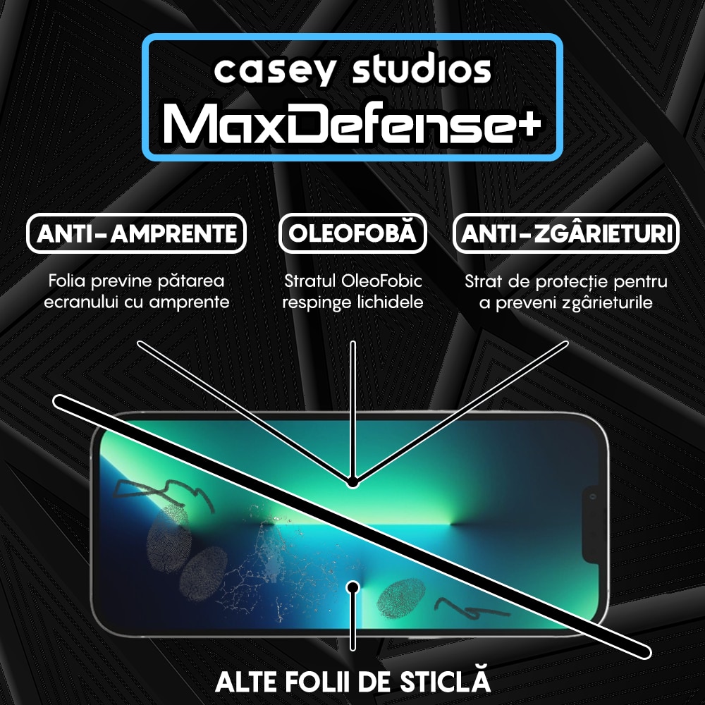 Folie Sticla CASEY STUDIOS™ compatibila cu iPhone 13 Pro Max, Full Cover 3D, Full Glue, Sticla Securizata, Duritate Militara, Ultra HD, Protectie Profesionala Ecran 3D, Anti Zgarieturi, Anti Socuri, Margini Negre