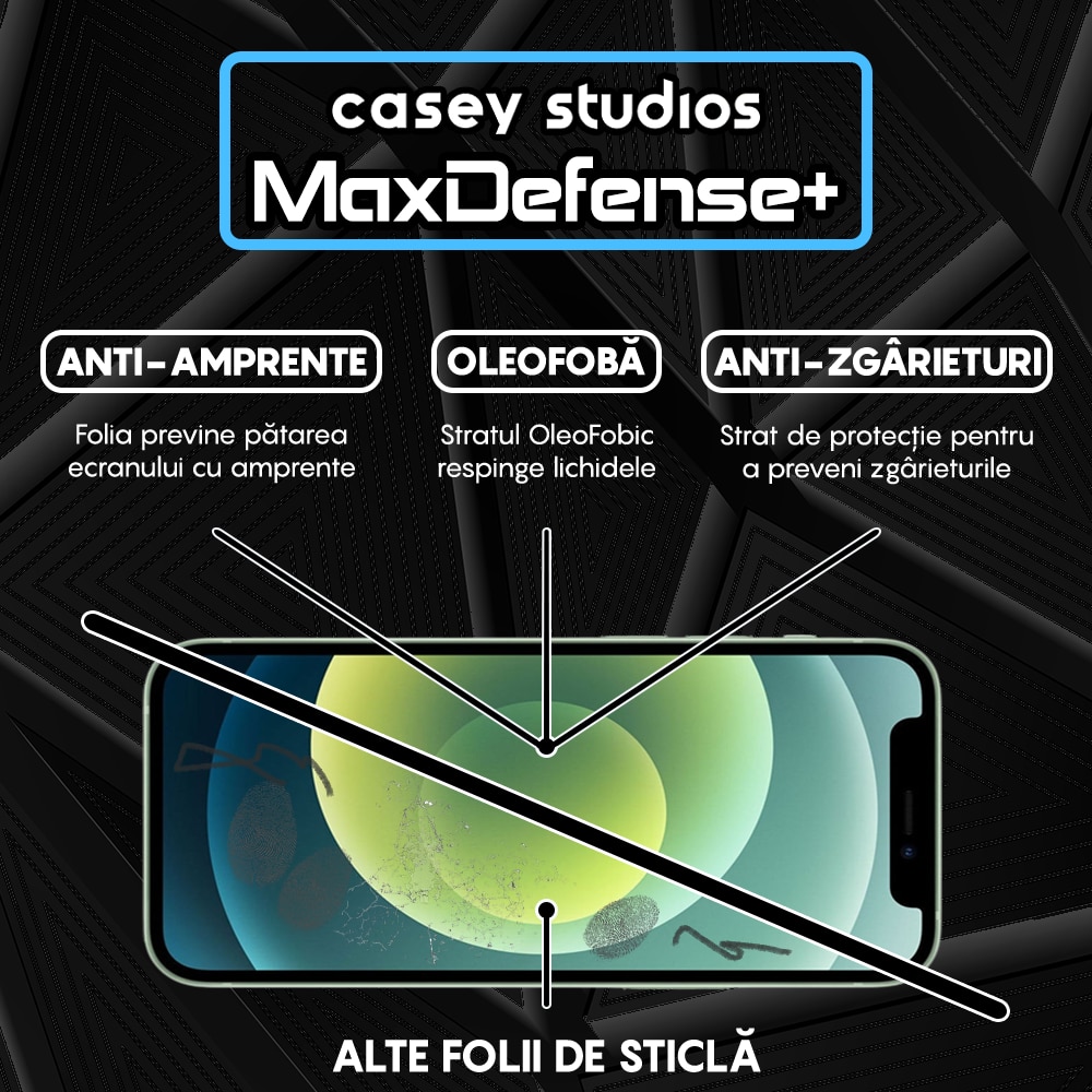 Folie Sticla CASEY STUDIOS™ compatibila cu iPhone 12 Mini, Full Cover 3D, Full Glue, Sticla Securizata, Duritate Militara, Ultra HD, Protectie Profesionala Ecran 3D, Anti Zgarieturi, Anti Socuri, Margini Negre
