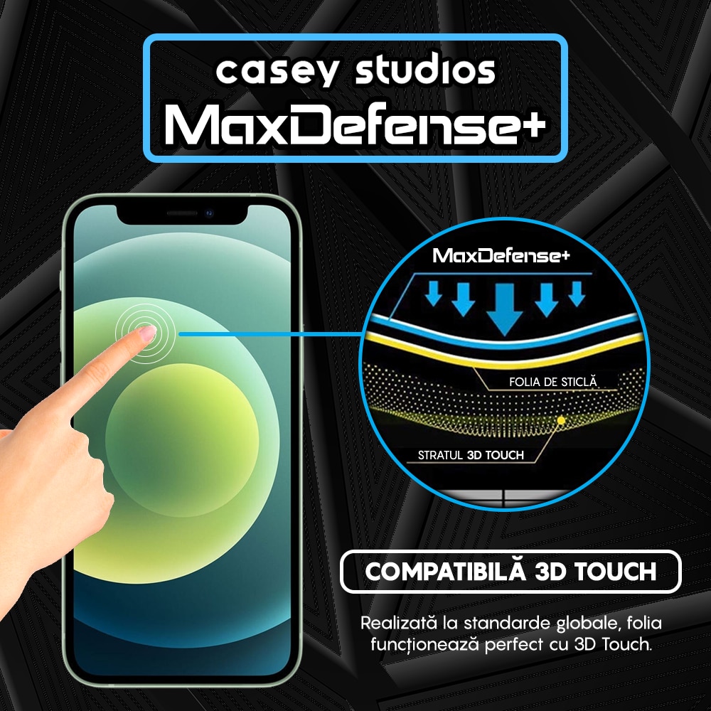 Folie Sticla CASEY STUDIOS™ compatibila cu iPhone 12 Mini, Full Cover 3D, Full Glue, Sticla Securizata, Duritate Militara, Ultra HD, Protectie Profesionala Ecran 3D, Anti Zgarieturi, Anti Socuri, Margini Negre