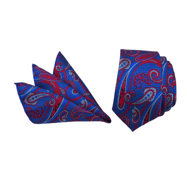Set 1 x Cravata slim, Onore, albastru, rosu si bleu, microfibra, 150 x 6.5 cm, model paisley si 1 x Batista, Onore, albastru, rosu si bleu, microfibra, 22 x 22 cm, model paisley