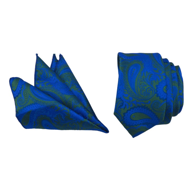 Set 1 x Cravata slim, Onore, albastru si verde, microfibra, 150 x 6.5 cm, model paisley si 1 x Batista, Onore, albastru si verde, microfibra, 22 x 22 cm, model paisley