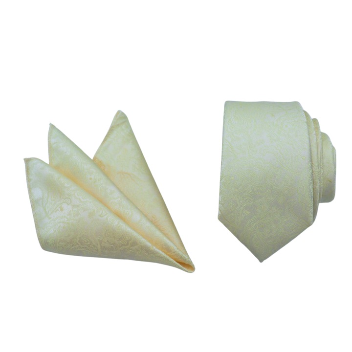 Set 1 x Cravata slim, Onore, alb ivory, microfibra, 150 x 6.5 cm, model paisley si 1 x Batista, Onore, alb ivory, microfibra, 22 x 22 cm, model paisley