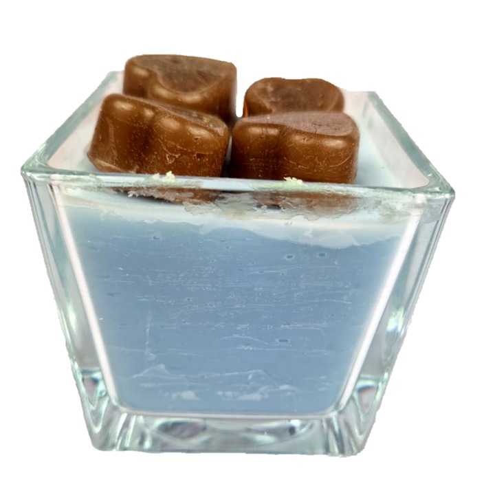 Lumanare parfumata fresh, fitil lemn, decorata cu inimioare maro, borcan sticla, 600g