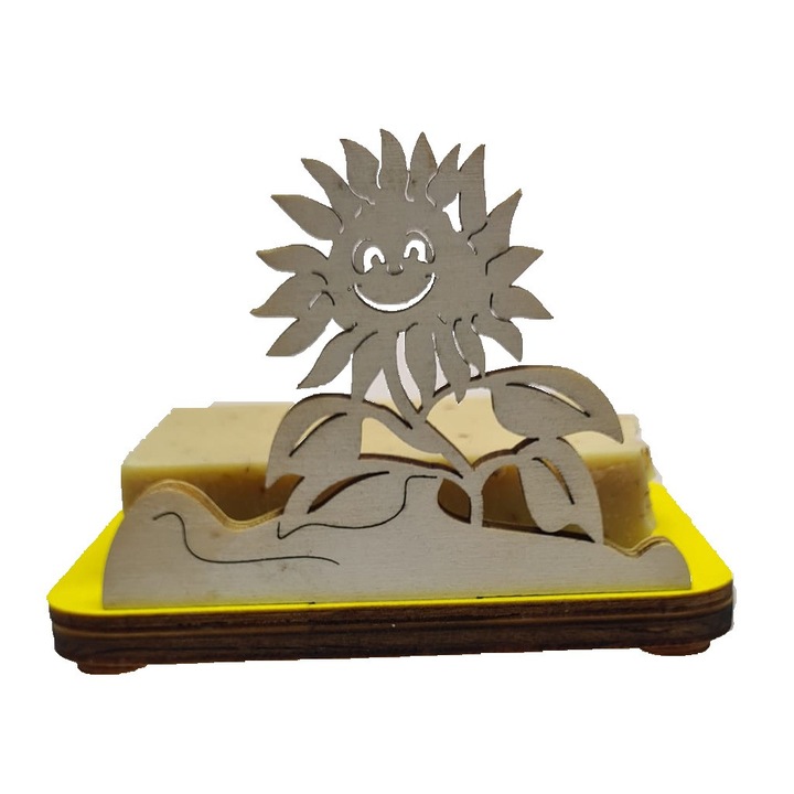 Sapuniera lemn plop, model foloarea soarelui, anti-derapant, drenaj apa, 28g