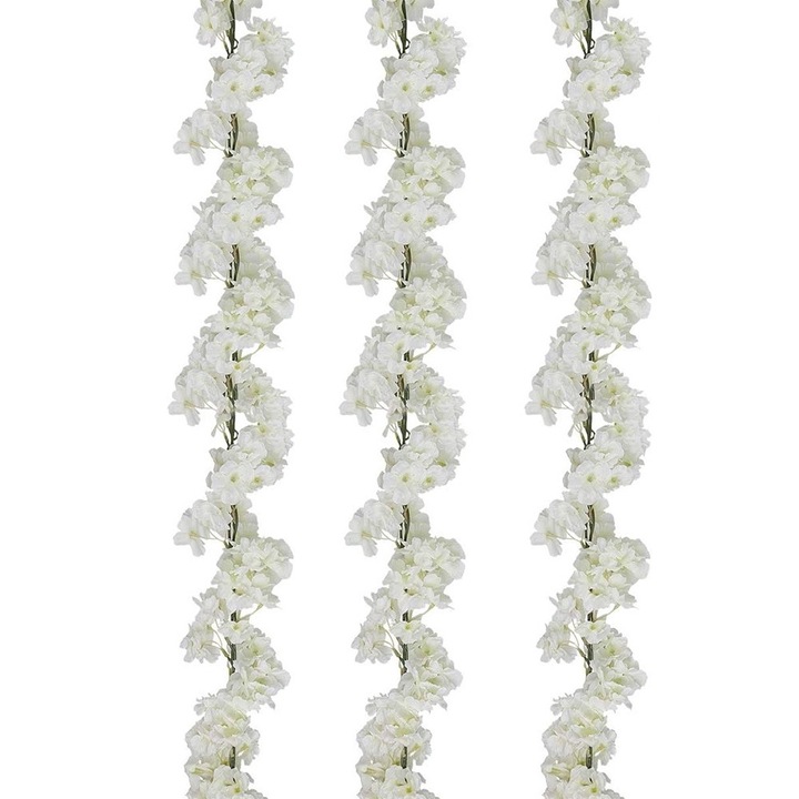 3 db mesterséges japán cseresznyefüzér készlet, selyem/műanyag, 180cm, fehér