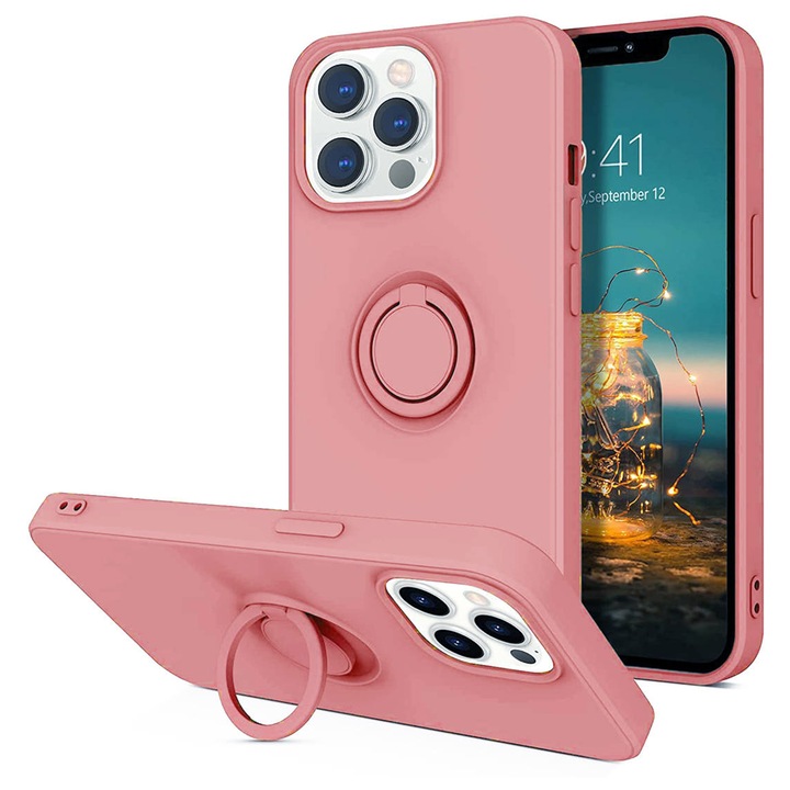 Husa iShield pentru iPhone 11 Pro Max, cu inel de prindere si functie Stand, interior din Microfibra, SoftTouch, anti-amprente, Pink