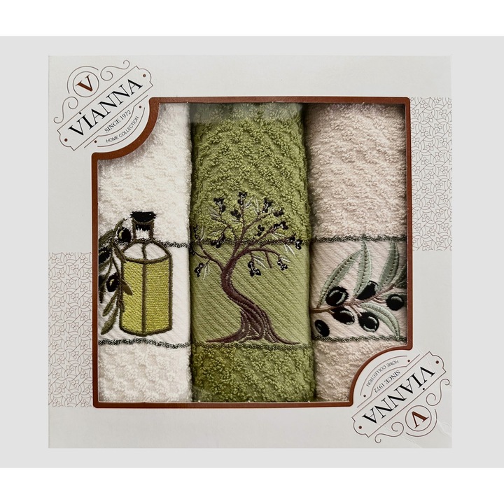 Set 3 Prosoape de bucatarie, VIANNA broderie model "Olive Oil", Bumbac 100%, 40x60 cm, Multicolor