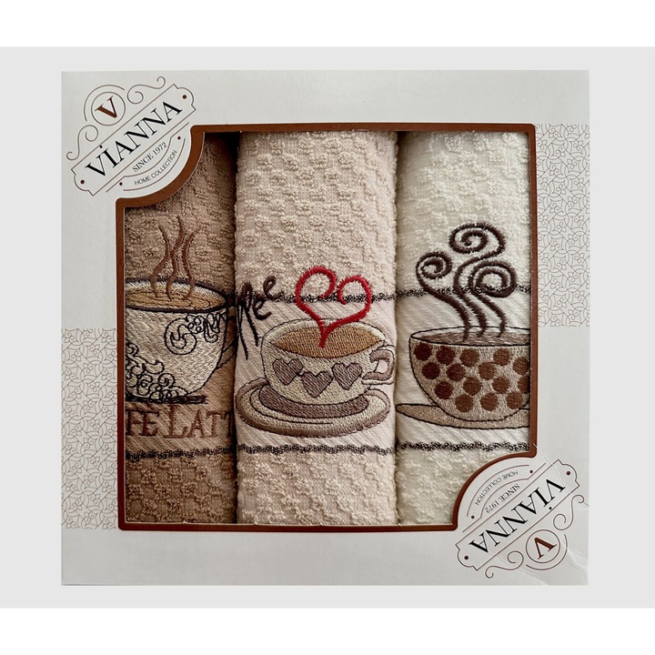 Set 3 Prosoape de bucatarie, VIANNA broderie model "Coffee/Caffe Latte", Bumbac 100%, 40x60 cm, Multicolor