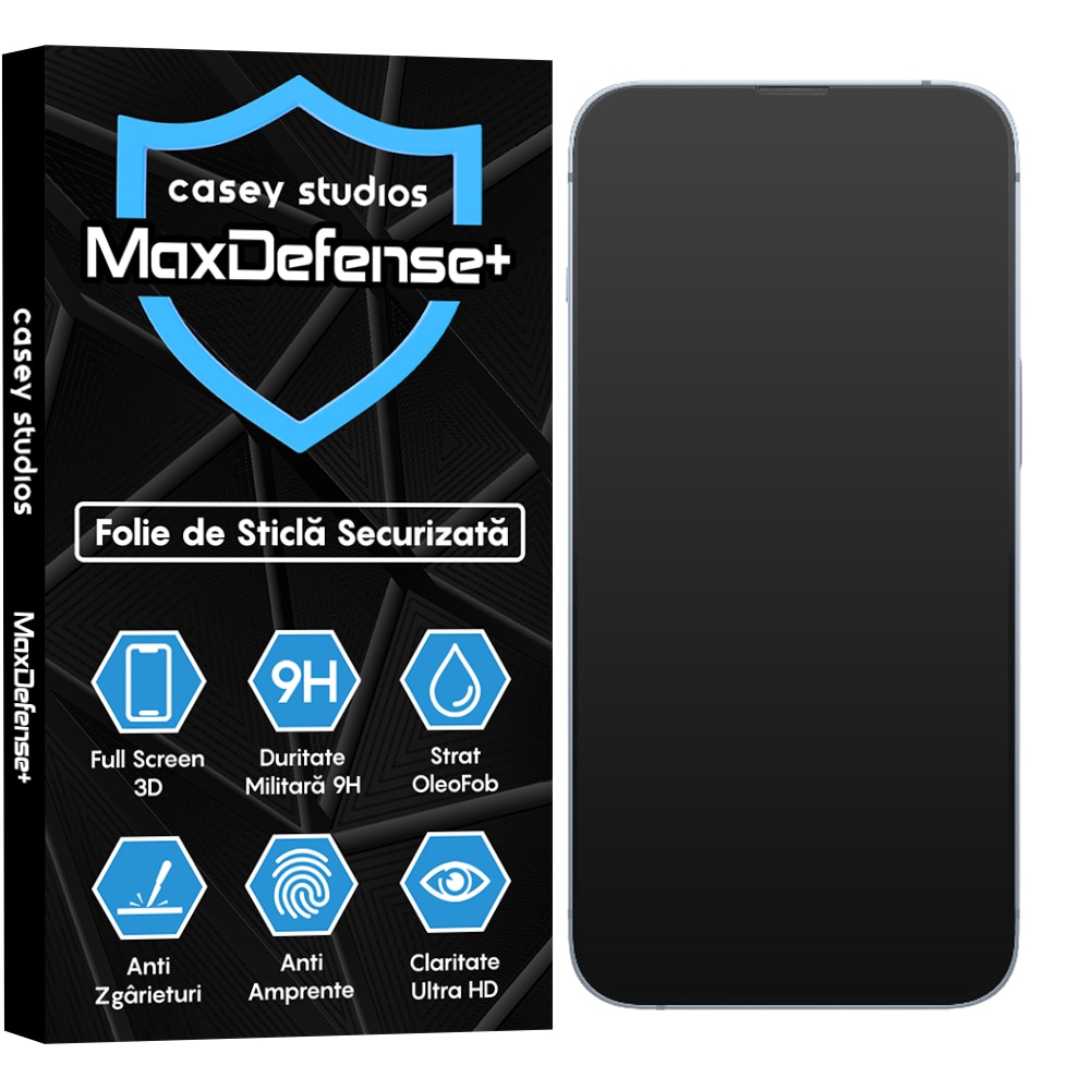 Folie Sticla Mata CASEY STUDIOS™ compatibila cu iPhone 14, MaxDefense+ Matte, Full Cover 3D, Full Glue, Sticla Securizata, Duritate Militara, Ultra HD, Protectie Profesionala Ecran 3D, Anti Zgarieturi, Anti Socuri, Negru