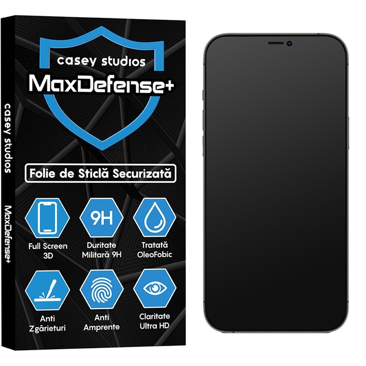 CASEY STUDIOS™ matt üvegfólia Apple iPhone 12 / 12 Pro készülékhez, MaxDefense+ matt, teljes 3D fólia, teljes ragasztó, edzett üveg, katonai keménység, Ultra HD, professzionális 3D képernyővédelem, karcálló, ütésálló, fekete