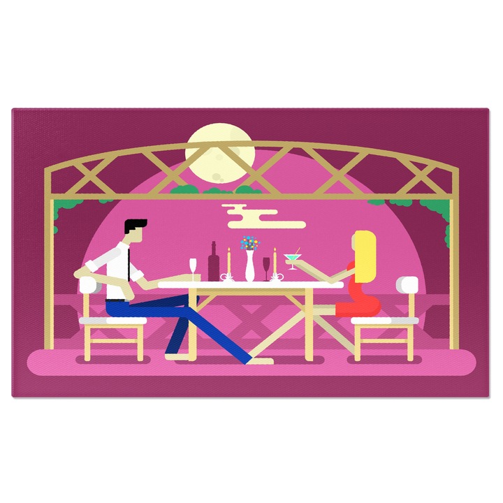 Tablou Canvas Cina Romantica Femeie Blonda in Rochie Rosie Alaturi de Iubitul ei in Costum la Restaurant 40x25CM