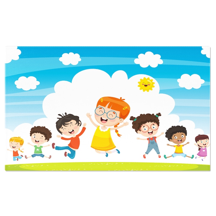 Картина на платно Весела детска градина с деца, играещи сред природата на зелената трева с яркото слънце 140x90CM