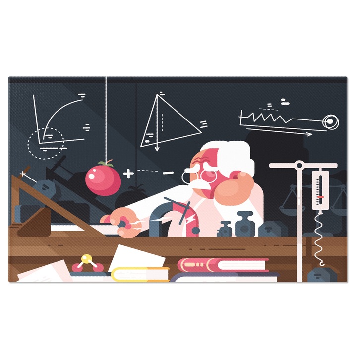 Albert Einstein vászonfestmény fehér hajjal és szemüveggel az osztályteremben fizikai képletekkel és mágnessel az asztalon 140x90 cm
