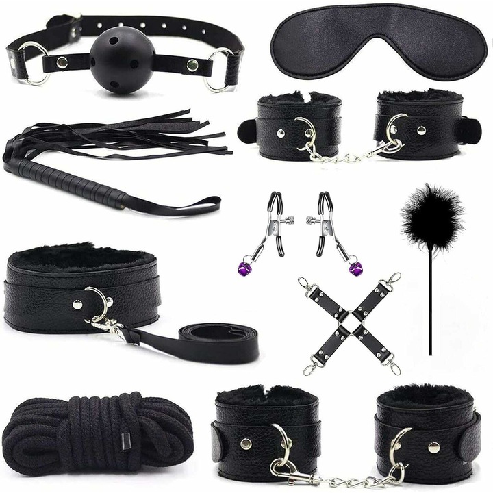 Set 10 Jucarii Erotice, MicoStore®, contine Catuse, Calus Cu Bila, Zgarda, Bici, Masca, Cleme, Pana, Franghie, din Piele Ecologica, pentru Activitati Fetis, Dominare Bondage BDSM, Reglabile, Negru