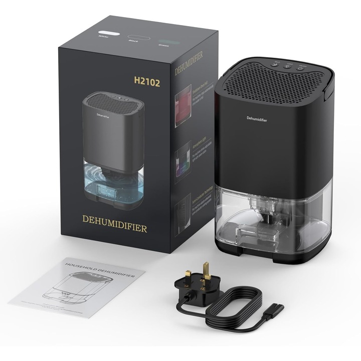 Hordozható párátlanító otthoni használatra, 1000 ml, Csendes, 2 üzemmód, LED világítás 7 szín, Fekete