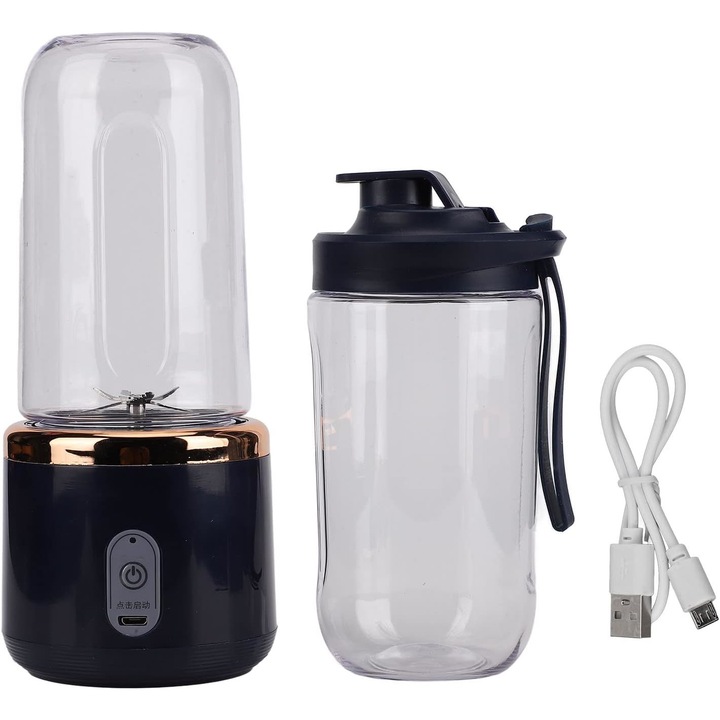 Mini blender portabil pentru fructe cu cana travel inclusa, 6 lame, 400 ml, incarcare USB, Negru