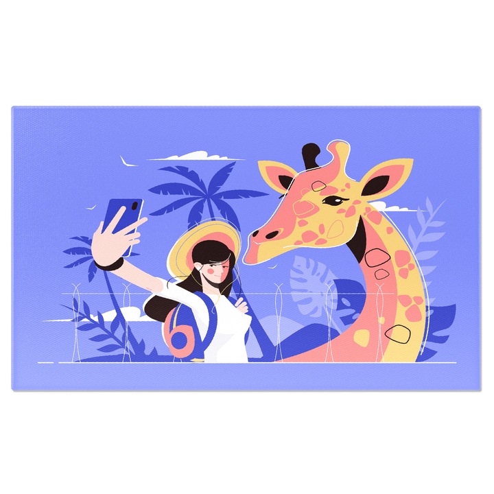 Tablou Canvas Fata cu Palarie si Ghiozdan in Bluza Alba Face o Poza Alaturi de Frumoasa Girafa cu Ochii Mici 40x25CM