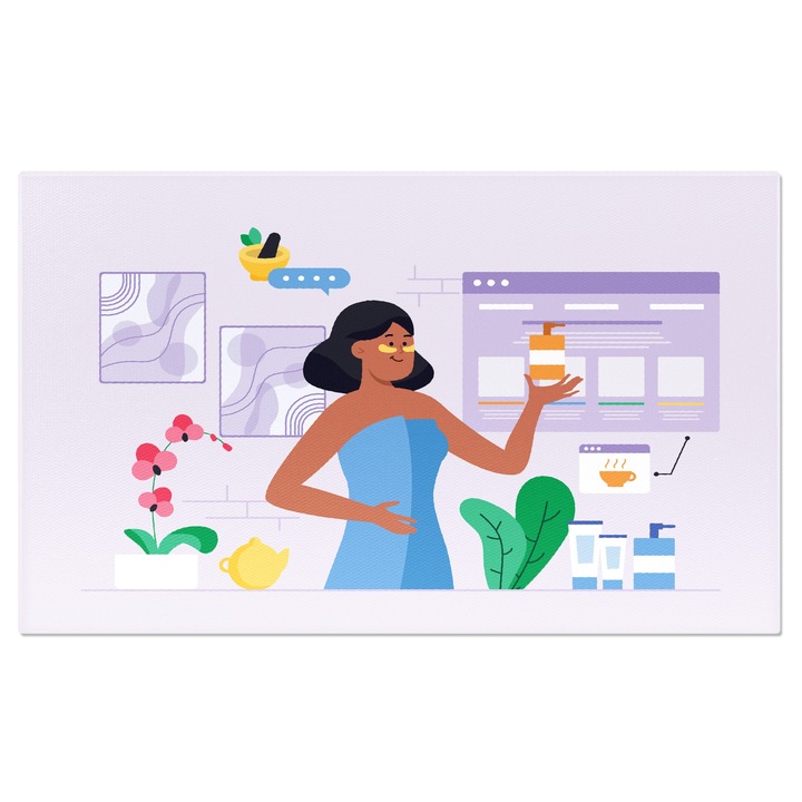 Tablou Canvas Rutina de Skincare a Doamnei cu Parul Brunet in Prosop Albastru in Camera Naturista 40x25CM