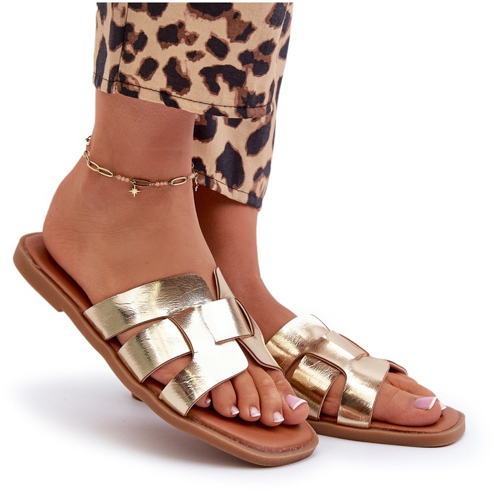 Дамски чехли, Екологична кожа, Златист, Златист, 41