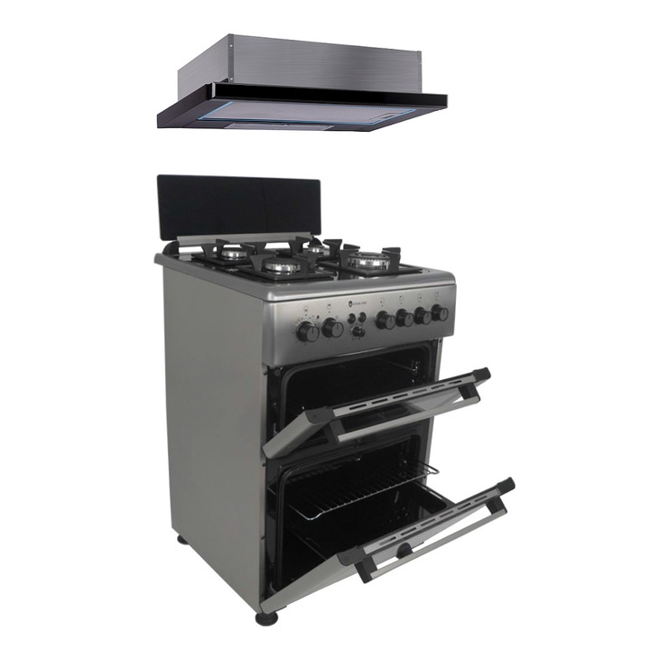 Set aragaz mixt Studio Casa Lean Duetto 60/60 cm si hota telescopica incorporabila 60 cm, 2 cuptoare, Cuptor electric si Cuptor gaz, 4 arzatoare gaz, Ventilator, Aprindere electrica, Inox/ Sticla neagra