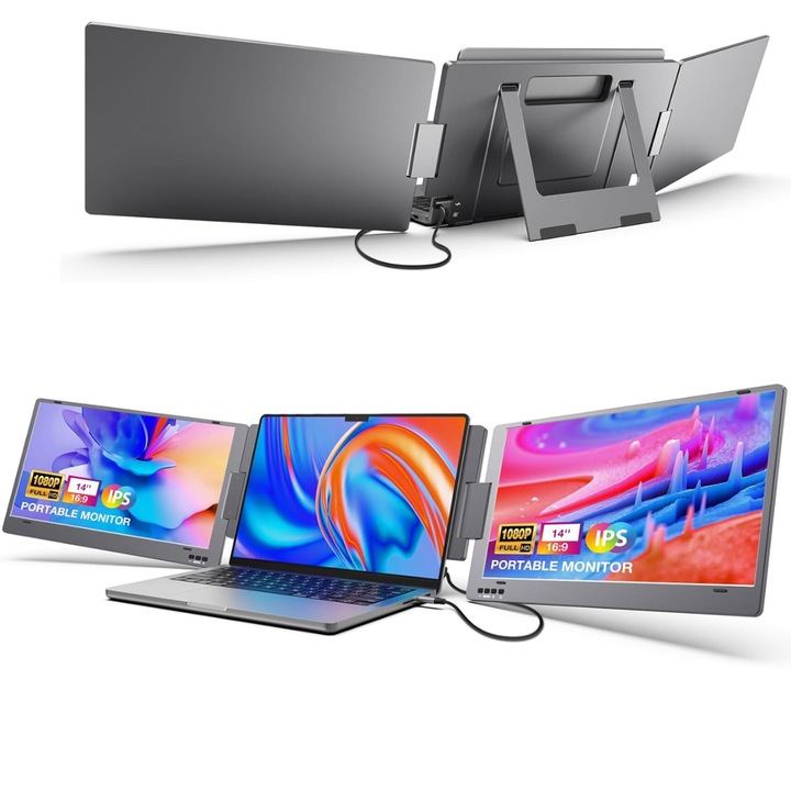 Bővíthető és hordozható monitor laptophoz, 14 hüvelykes FHD 1080P IPS képernyő, 360 fokban összehajtható, három képernyős kompatibilis IOS, Android, Windows, Mac rendszerrel, USB-C porttal és Mini HDMI, Plug & Play bővítővel