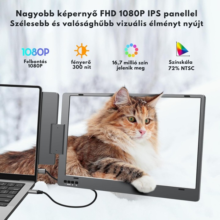 Bővíthető és hordozható monitor laptophoz, 14 hüvelykes FHD 1080P IPS képernyő, 360 fokban összehajtható, három képernyős kompatibilis IOS, Android, Windows, Mac rendszerrel, USB-C porttal és Mini HDMI, Plug & Play bővítővel