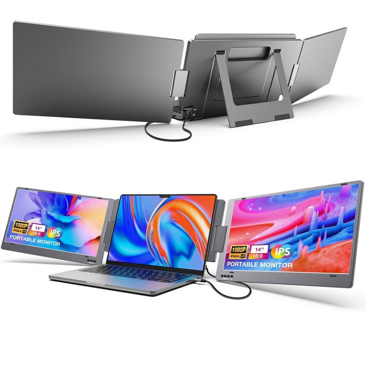 Bővíthető és hordozható monitor laptophoz, 14 hüvelykes FHD 1080P IPS képernyő, 360 fokban összehajtható, három képernyős kompatibilis IOS, Android, Windows, Mac rendszerrel, USB-C porttal és Mini HDMI, Plug & Play bővítővel