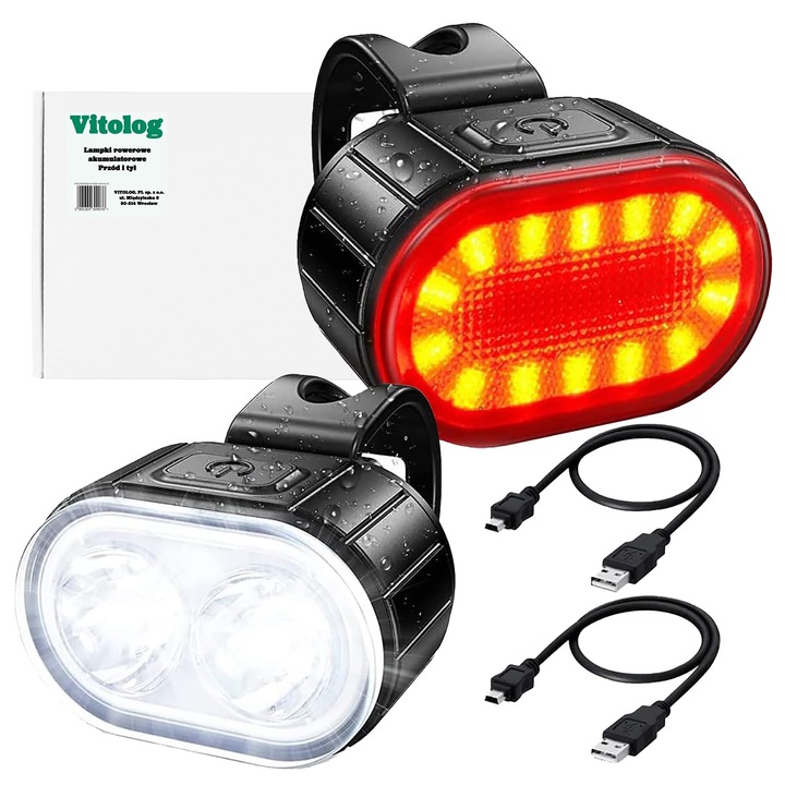 2 db kerékpáros lámpa készlet, első/hátsó lámpa, USB, 9 világítási mód, IPX4 vízálló, fehér/piros