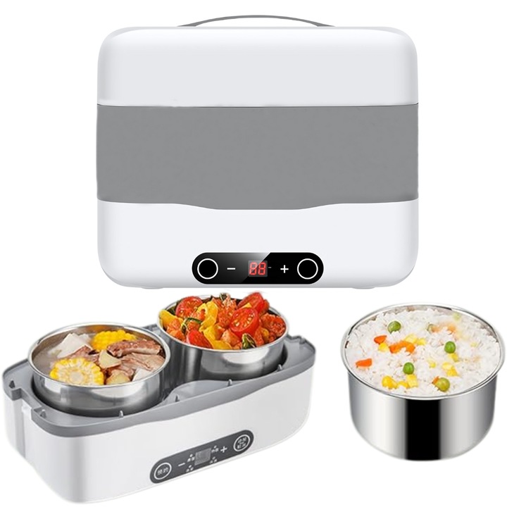 Cutie de Pranz Electrica LUDORA®, Functie de Incalzit si Gatit la Abur, 4 Containere Iterioare Detasabile, Capacitate Totala 2L, Putere 250W, Materiale Rezistente la Temperaturi Inalte, Alb