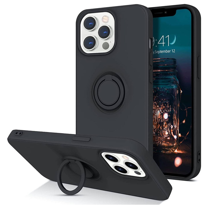 Husa iShield pentru iPhone 11 Pro Max, cu inel de prindere si functie Stand, interior din Microfibra, SoftTouch, anti-amprente, Neagra