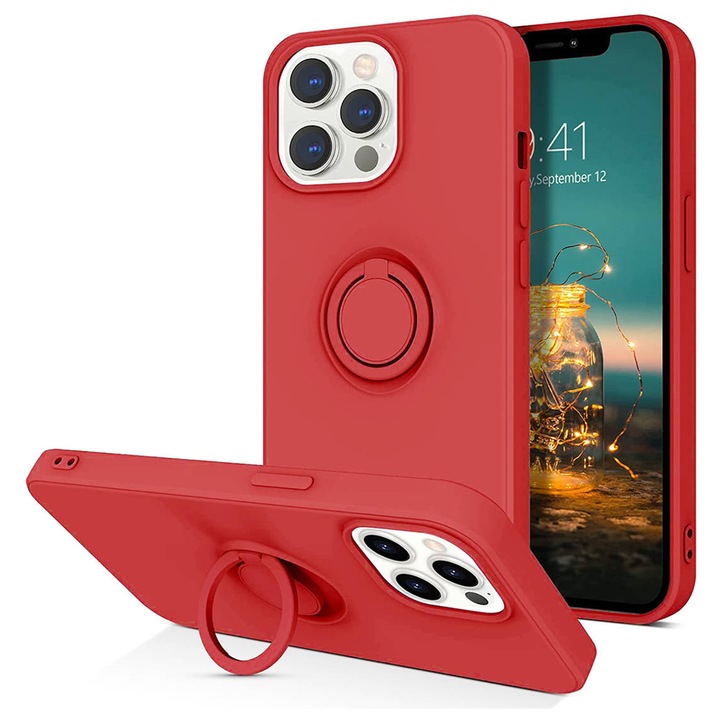 Husa iShield pentru iPhone 11 Pro Max, cu inel de prindere si functie Stand, interior din Microfibra, SoftTouch, anti-amprente, Rosie