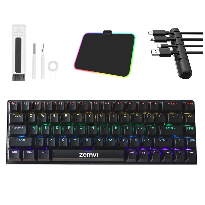 Tastatura Gaming Mecanica cu Fir Zemvi®, RGB, 68 Taste, USB-C, Curatator Tastatura 6-in-1, Organizator Cabluri cu 5x Orificii si Mouse Pad LED RGB incluse