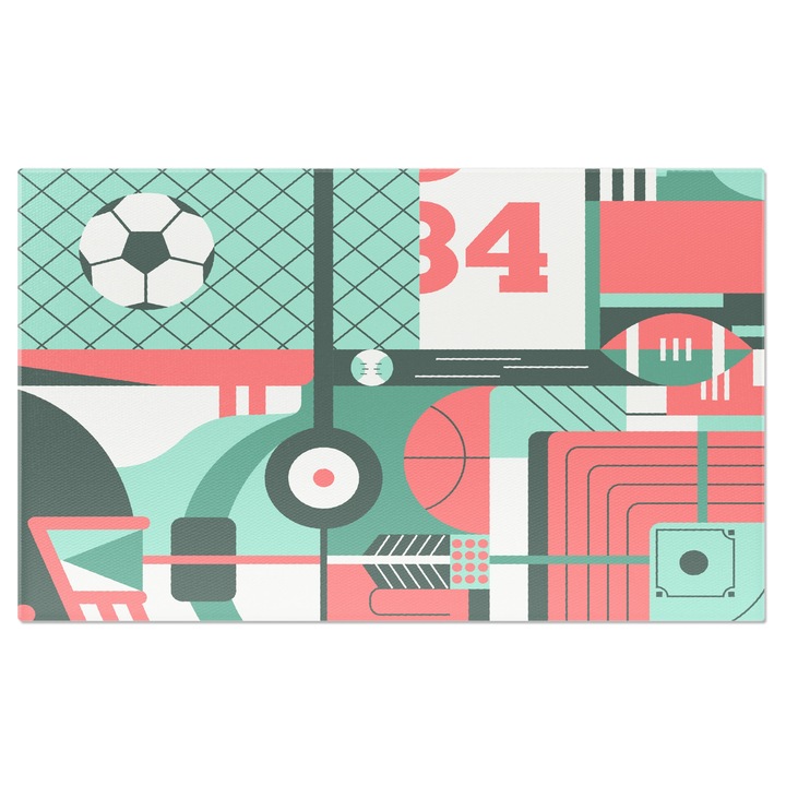 Tablou Canvas Tipuri de Sport pentru Iubitorii de Practicat Fotbal, Golf, Ruygby si Golf cu Mingi si Teren Colorat 100x70CM